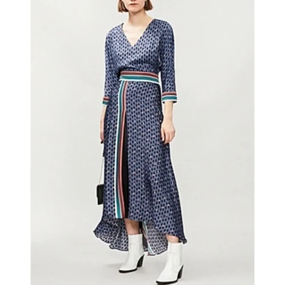 Maje Paris Blue Geometric Print Maxi Dress Size 1 (S) – 100% Viscose Lightweight